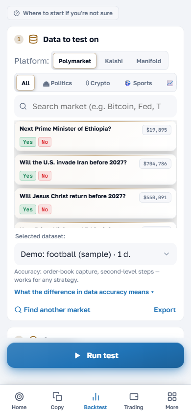 Backtest screen with market search in the EventEdge app