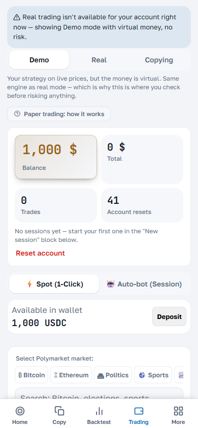 Trading terminal with balance and spot controls in the EventEdge app